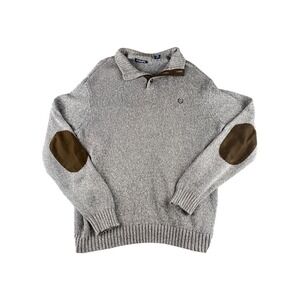 CHAPS Mens Sweater XL‎ Gray Heathered Knit Quarter Zip Elbow Patches Menswear